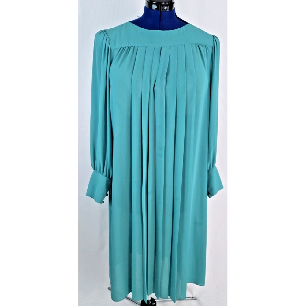 70s Susan Howard California women pleated‎ Chiffon green Shift dress Large - XL
